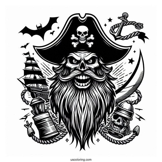 Scary Pirate Coloring Page With Large Hat And Long Beard