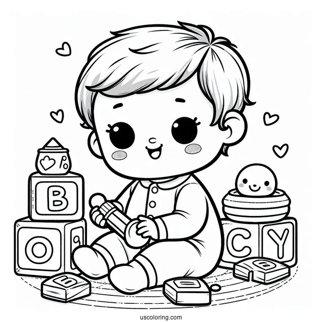 Cute Baby Coloring Page Playing With Alphabet Blocks