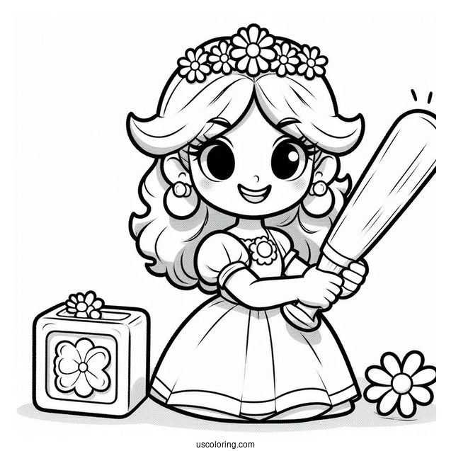 Princess Daisy Coloring Page Holding Block And Baseball Bat