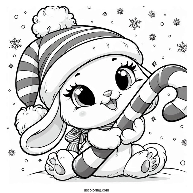 Excited Rabbit Hugging A Candy Cane Coloring Page In Winter For Kids