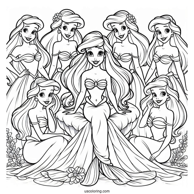 Coloring Page Of Ariel With Her Six Sisters