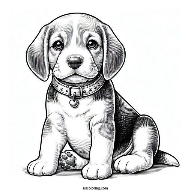 Coloring Page Of Realistic Beagle Puppy With Collar