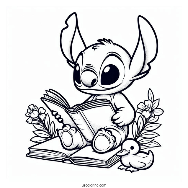 Stitch Reading a Book Do Duckings Coloring Page