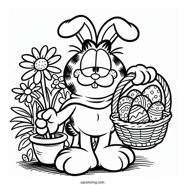 Easter Coloring Page Of Garfield Dressed As Easter Bunny With Basket Of Easter Eggs For Kids