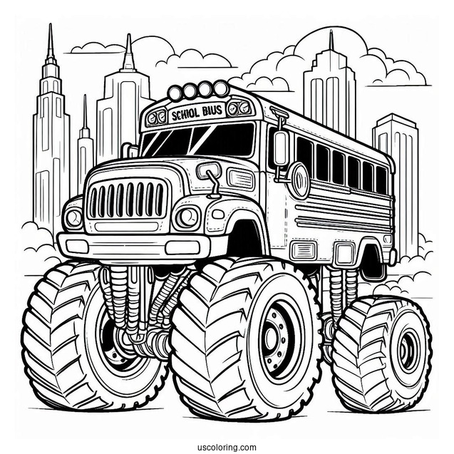 Monster Truck School Bus Coloring Page In The Air