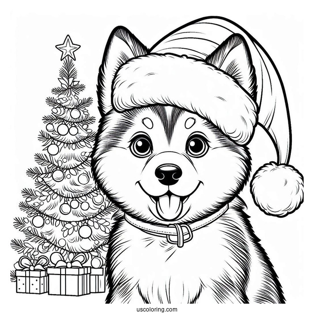 Husky Wearing Santa Hat In Front Of Christmas Tree Coloring Page