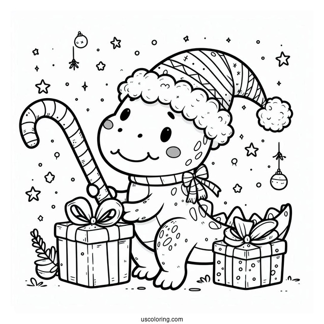 Cute Christmas Themed T-Rex Coloring Page