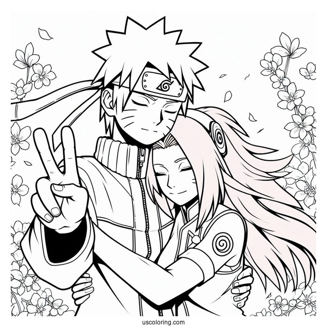 Naruto Coloring Page Of Hugging Sakura And Making Peace Sign