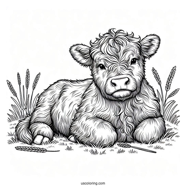Baby Highland Cow Resting In Field Coloring In