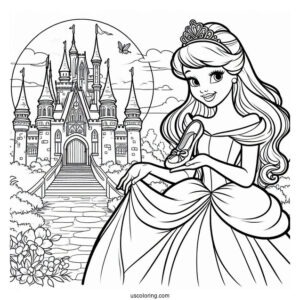 Princess Coloring Page Of Cinderella Outside Of Castle Holding Glass Slipper