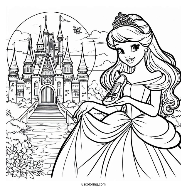 Princess Coloring Page Of Cinderella Outside Of Castle Holding Glass Slipper