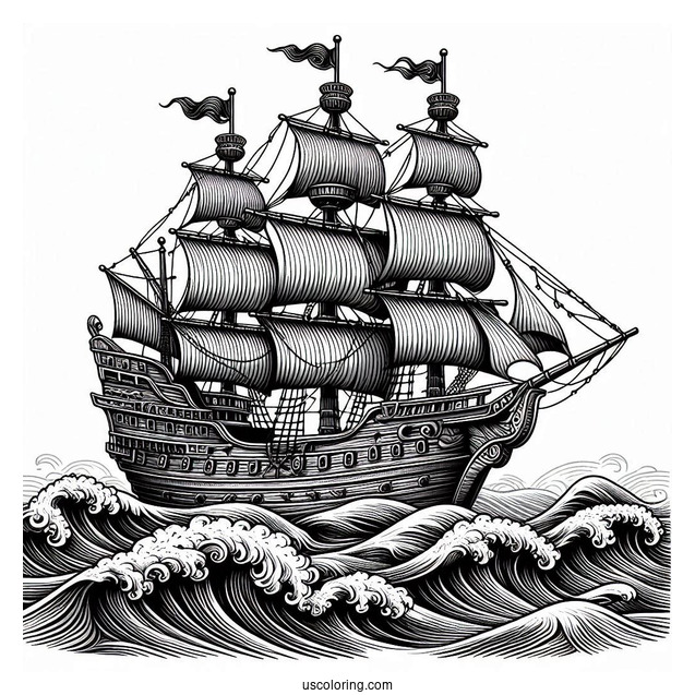 Realistic Pirate Ship Coloring Page With Large Waves At The Side
