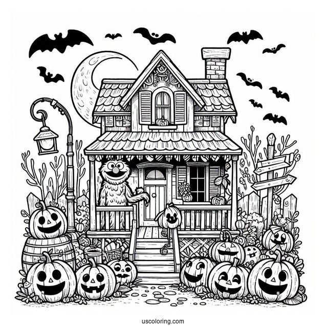 Halloween Sesame Street With Jack-O-Lanterns Coloring Page