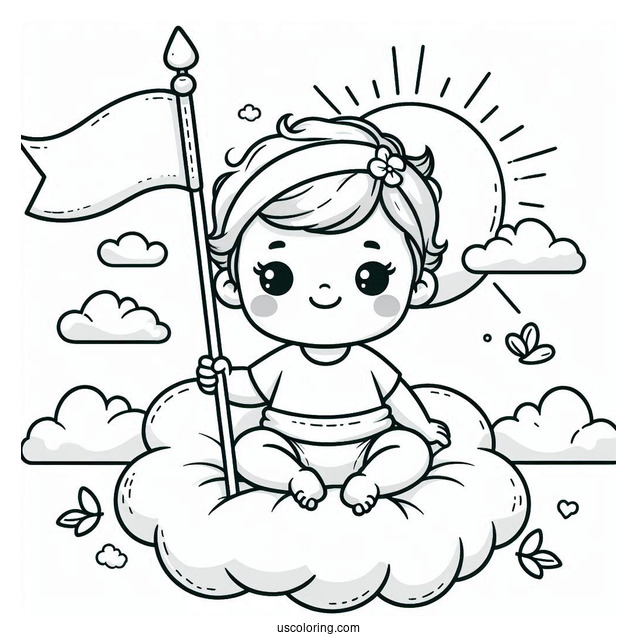 Baby Coloring Page Sitting On A Cloud Holding A Flag