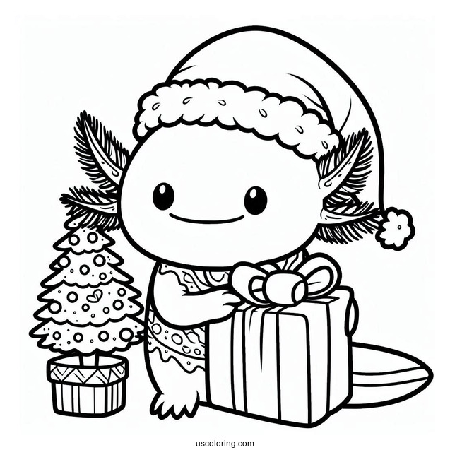 Axolotl Coloring Page In Santa Costume Holding A Present