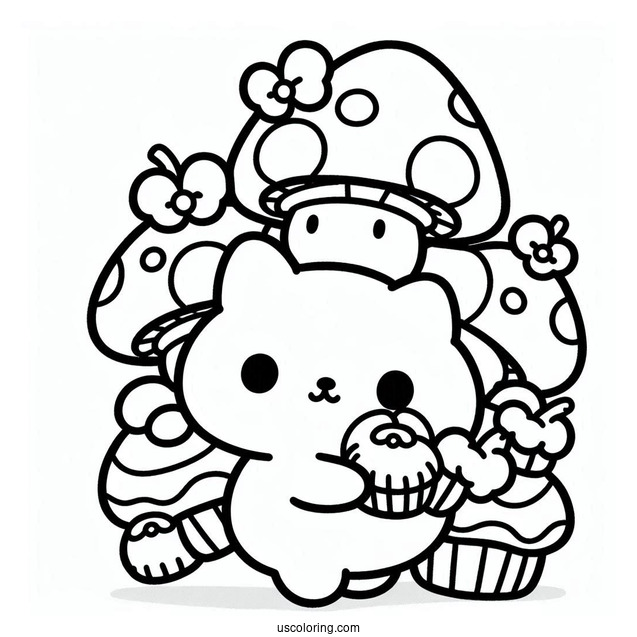 Sanrio Coloring Pages Of Cute Pompompurin Carrying Mushroom Cupcakes