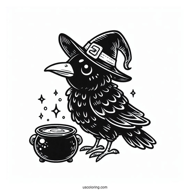 Cute Little Raven Coloring Page In A Witch s Hat With A Magical Cauldron