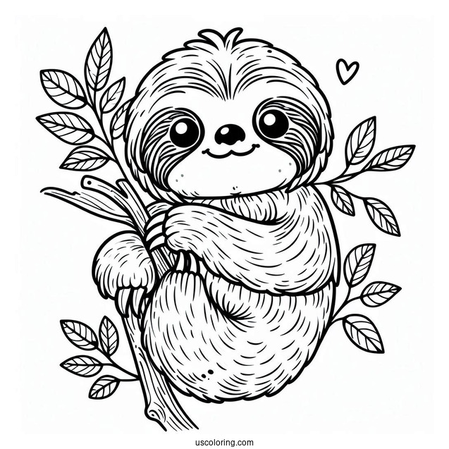 Adorable Sloth With Leaves Coloring