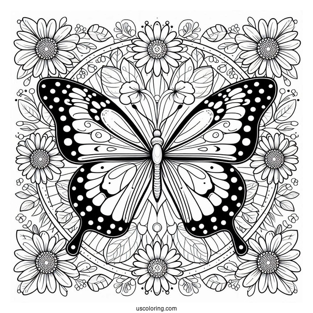 Butterfly Coloring Page On Pretty Flowers Inside A Floral Mandala