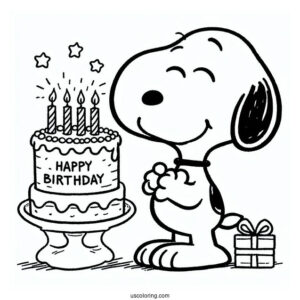 Snoopy With Happy Birthday Cake To Color