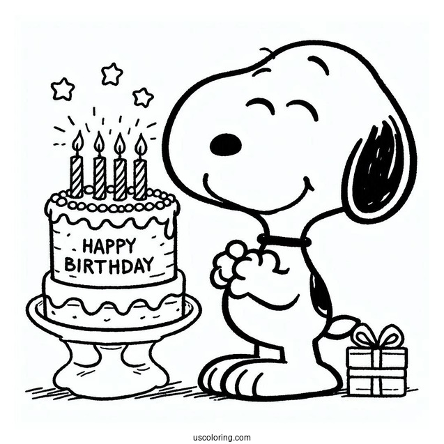 Snoopy With Happy Birthday Cake To Color