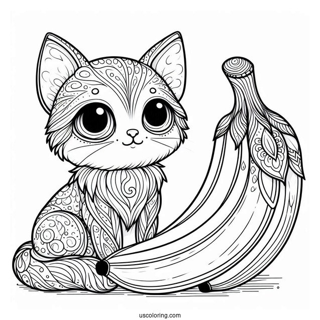 Cat Staring At A Ripe Banana Coloring Page