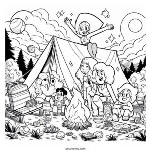 Steven Universe Coloring Page Of Glamping With Peridot, Amethyst, Pearl, Connie, Bismuth, Lapis Lazuli, Ruby, And Sapphire