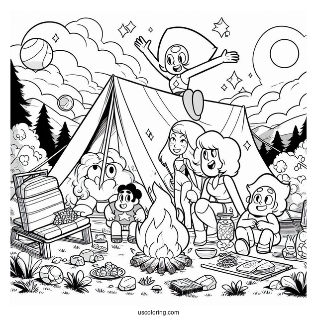 Steven Universe Coloring Page Of Glamping With Peridot, Amethyst, Pearl, Connie, Bismuth, Lapis Lazuli, Ruby, And Sapphire