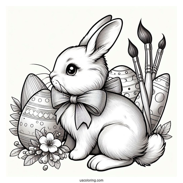 Realistic Easter Bunny Coloring Page With Bow, Paintbrush, And Eggs