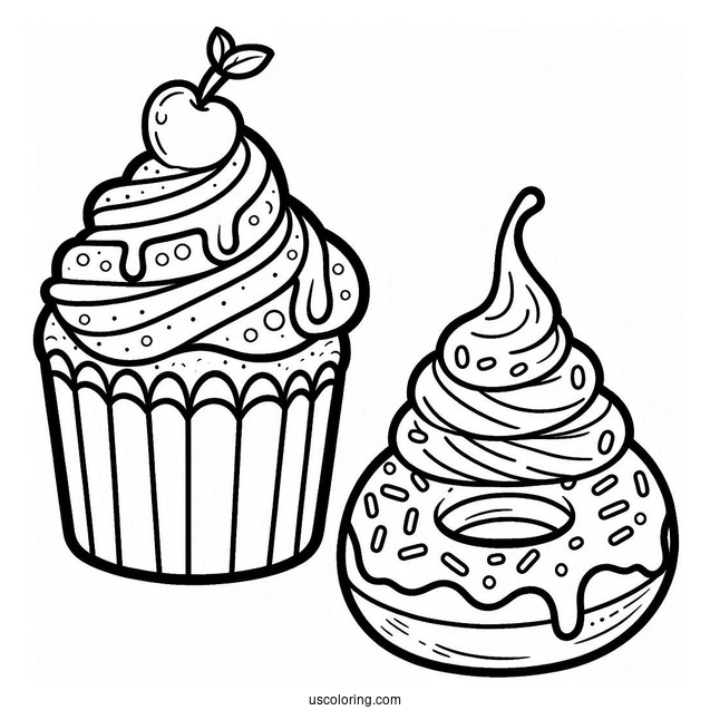 Coloring Page Of Cupcake With Donut To Color