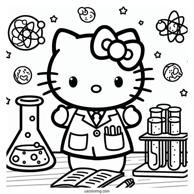 Science Coloring Page Of Hello Kitty In Laboratory Coat Holding A Flask And Test Tube For Kids