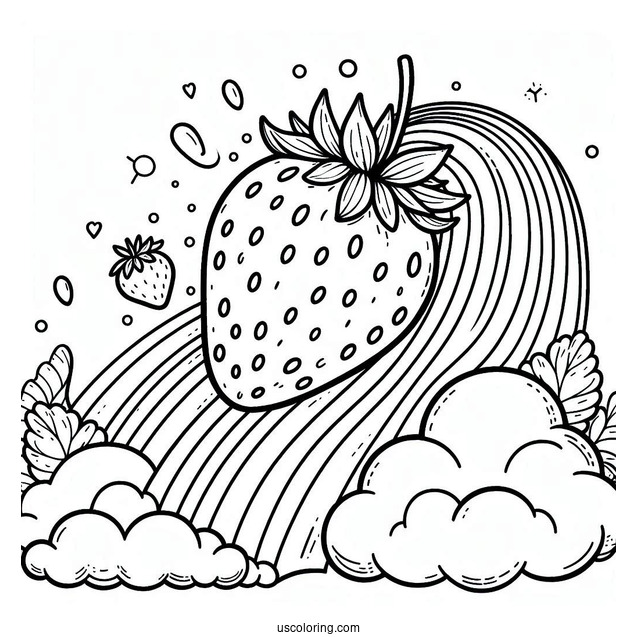 Strawberry Coloring Page On A Cloud Sliding Down A Rainbow