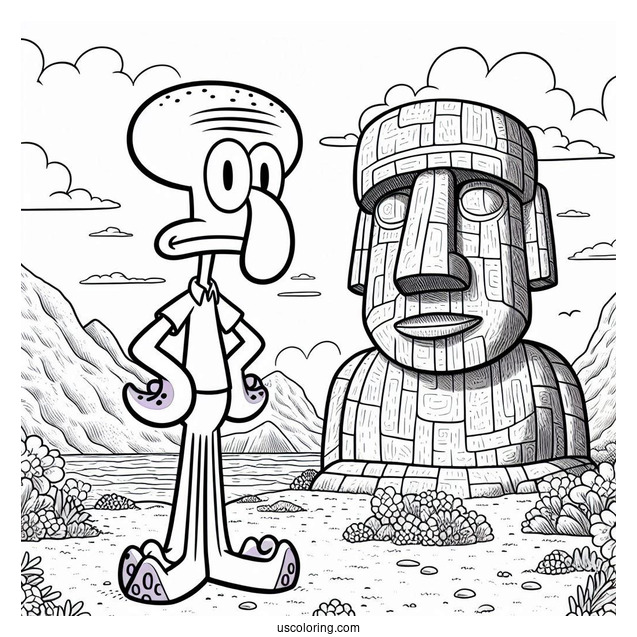 Squidward Coloring Page Standing In Front Of Moai House
