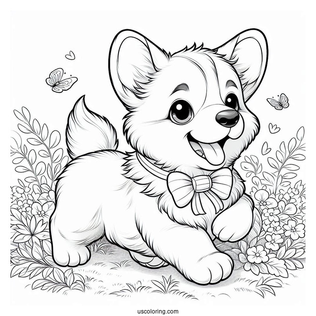 Puppy Corgi Coloring Page Running In Garden