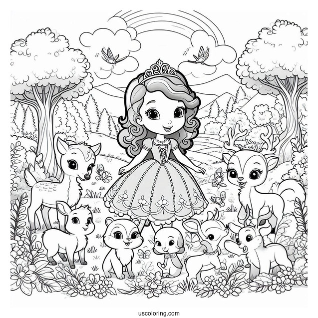 Sofia The First Coloring Page In The Forest With Animal Friends