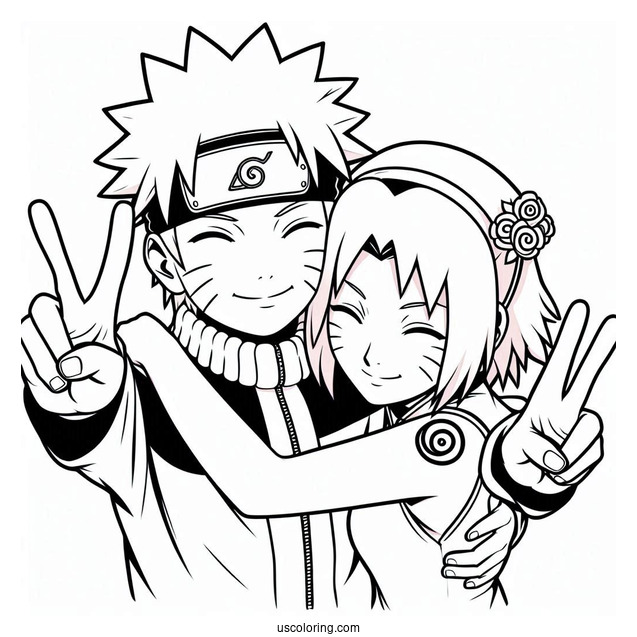 Naruto Coloring Page Of Hugging Sakura And Making Peace Sign