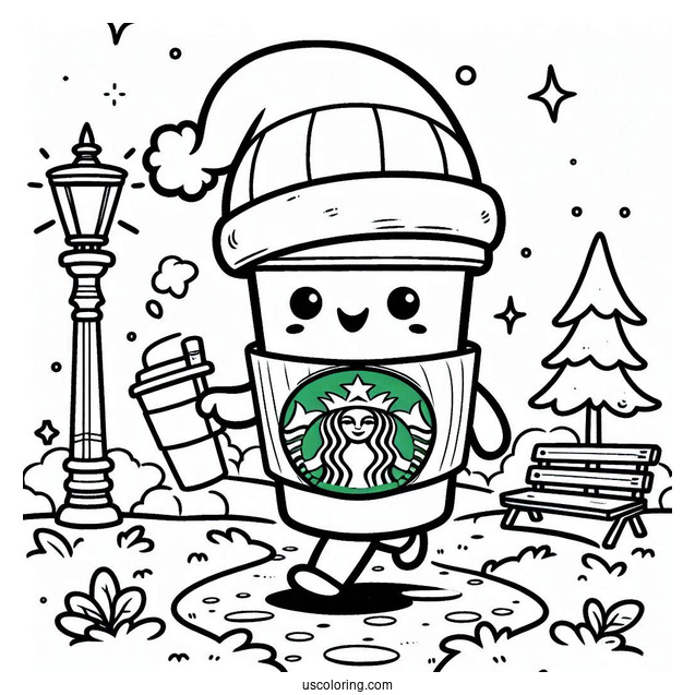 Cartoon Starbucks Coloring Page Cup Strolling In The Park With A Santa Hat