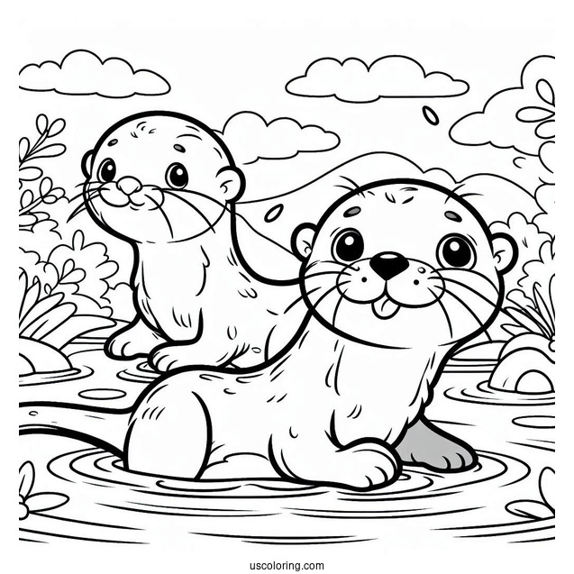 Cartoon Otter Coloring Page Swimming In River For Kids