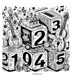 Numberblocks Coloring Page1, 2,3,4,5 Playing Musical Instruments