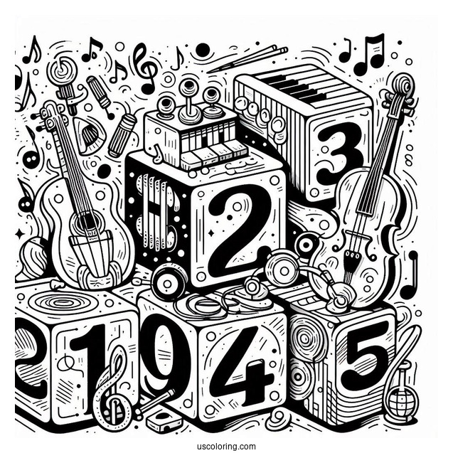 Numberblocks Coloring Page1, 2,3,4,5 Playing Musical Instruments