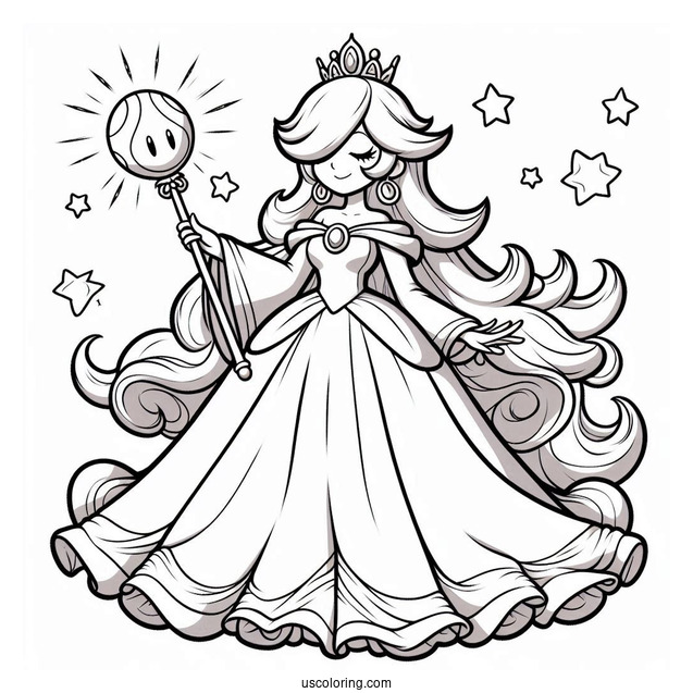 Rosalina Coloring Page Wearing Long Gown And Holding Wand With Luma