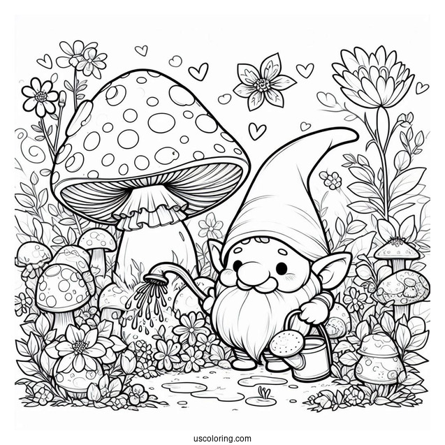 Chibi Coloring Page Gnome in a Fantasy Mushroom Forest Watering Flowers For Kids