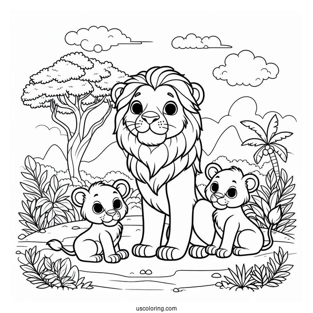Lion With Two Cubs Playing In Jungle Coloring Page For Kids