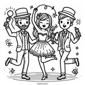 Men And Women Dancing On New Year Coloring Page For Kids