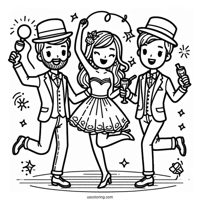 Men And Women Dancing On New Year Coloring Page For Kids