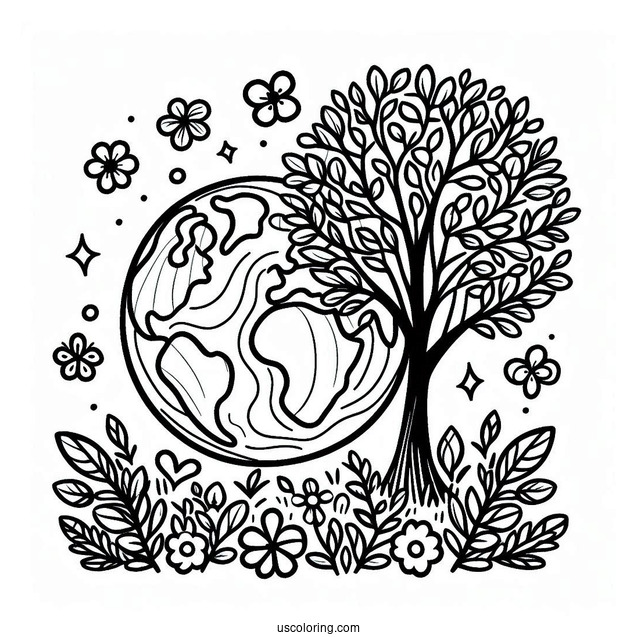 Tree And Flower Bushes Growing Around Earth Coloring Page