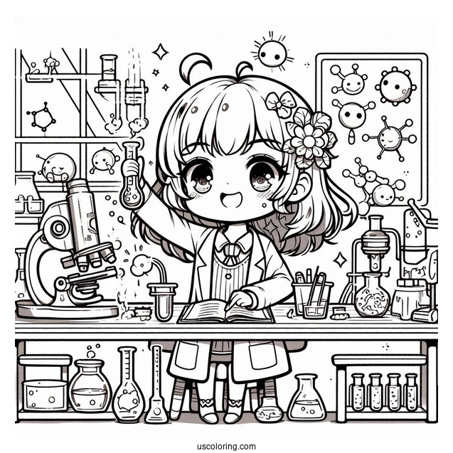 Science Coloring Page Of Chibi Girl Performing Science Experiments In A Lab