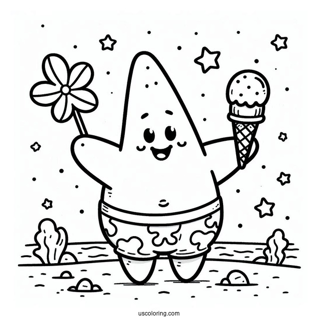 Cute Patrick Star Coloring Page Holding Fan And Ice Cream