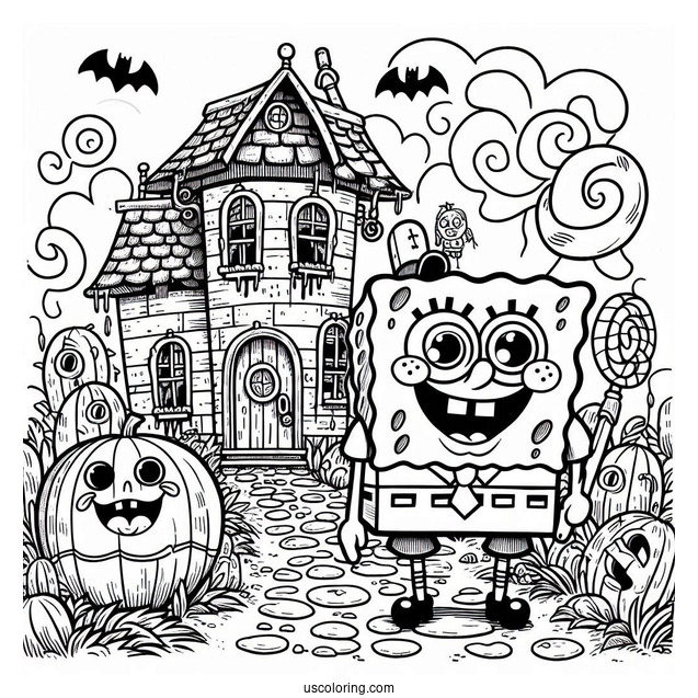 Adorable SpongeBob Coloring Page In Front Of Haunted House