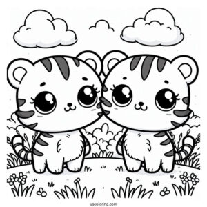 Two Cute Kawaii Tigers Standing On Grass